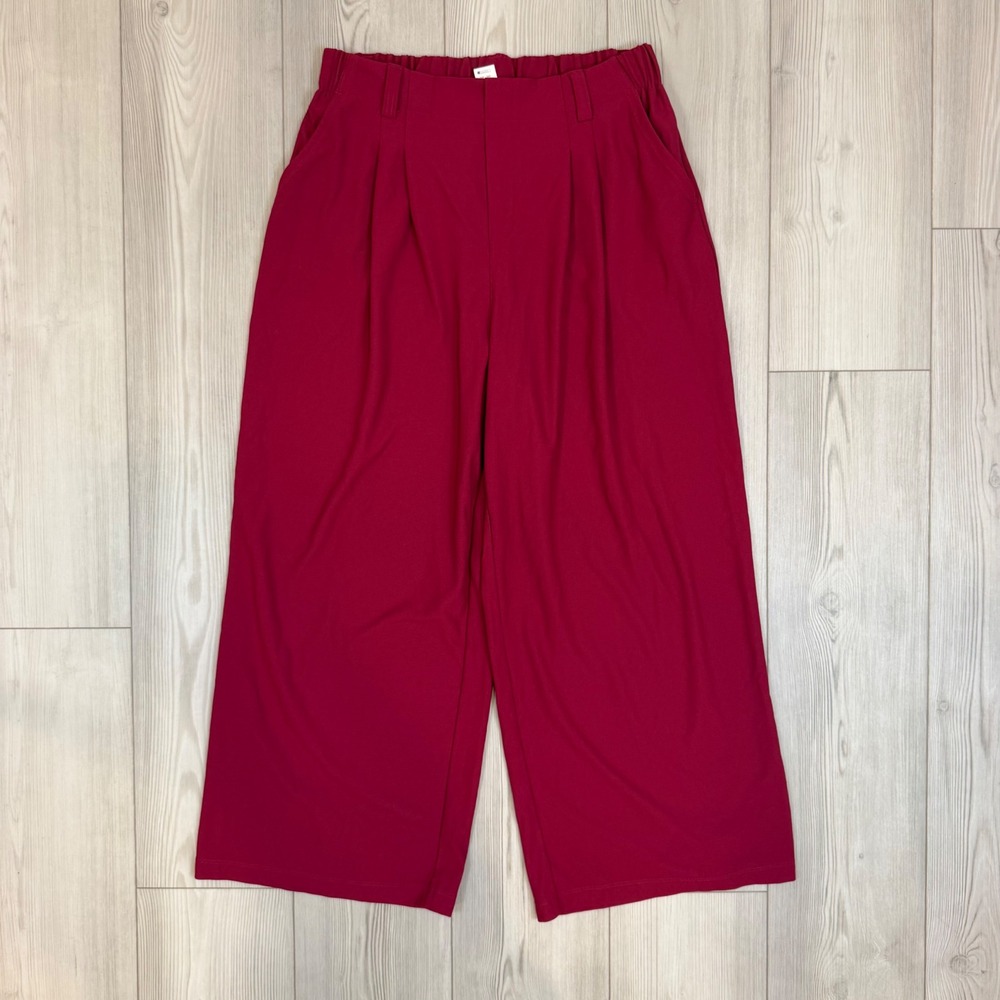 Halara Wide Leg Pleated Trousers Berry Red Waffle Knit Pants Large Petite